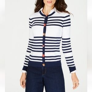 Charter Club Navy White Striped Flower Embellished Beaded Button Cardigan Medium